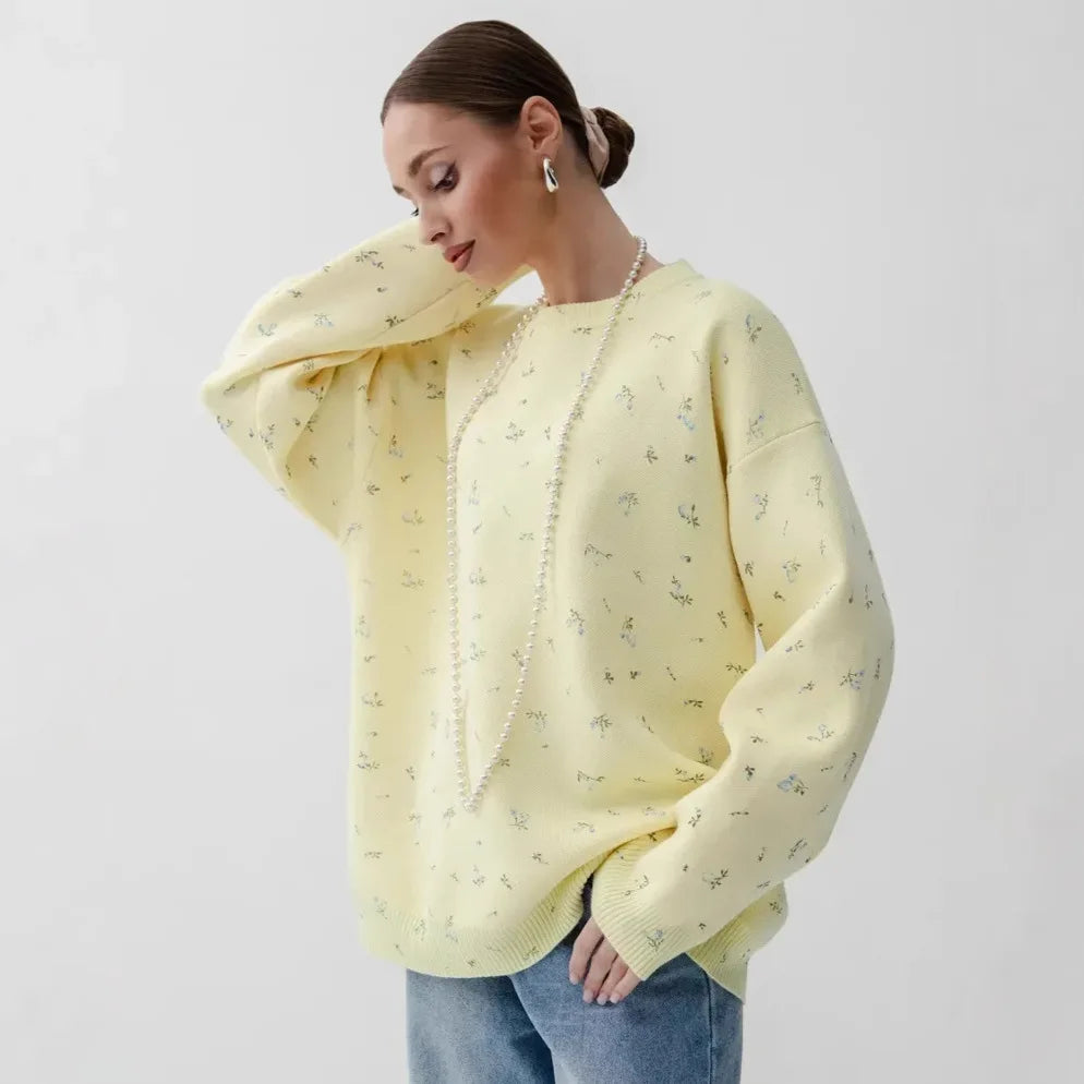 Women's Cream White Floral Print Longline Knit Sweater Crew Neck Relaxed Fit Cardigan with Flowers Fall Winter Boho Chic