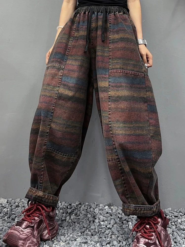 Amax LuluE Fall Korean Casual Jeans Womens Classic Striped Fashion Vintage Denim Pants Ladies Loose Elastic Waist Harem Trousers