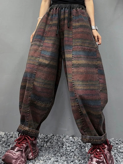 Amax LuluE Fall Korean Casual Jeans Womens Classic Striped Fashion Vintage Denim Pants Ladies Loose Elastic Waist Harem Trousers