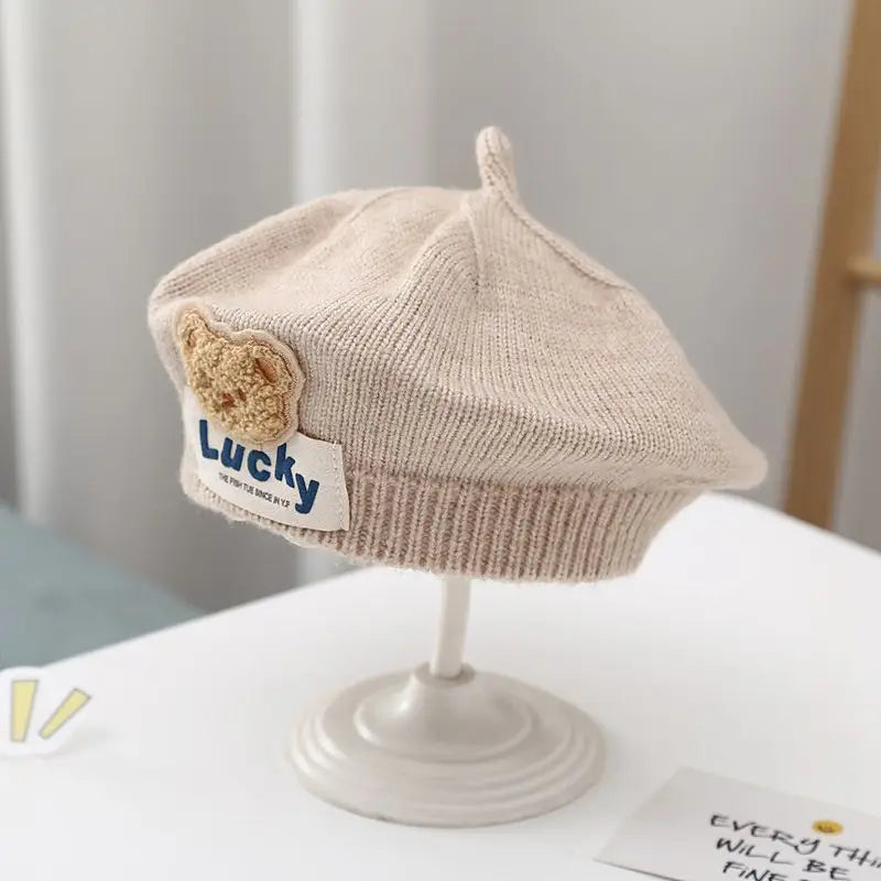 Flower Baby Beret Hat Winter Warm Knitted Beanie Cap for Infant Girls Korean Toddler Princess Artist Solid Color Painter Caps
