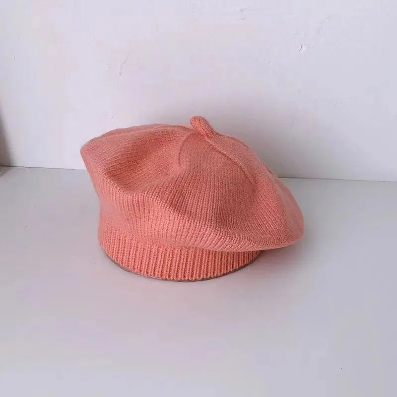 Flower Baby Beret Hat Winter Warm Knitted Beanie Cap for Infant Girls Korean Toddler Princess Artist Solid Color Painter Caps