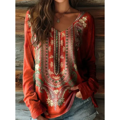 Vintage Women's T-Shirt Floral Graphic Plants Elegant Fashion Tee Long Sleeve T-shirts V-Neck Regular Tops Pullover Fall Winter
