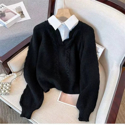 Fashion New Casual Fall Winter Fake Two-piece Knitted Top for Women Autumn and Winter Long Sleeves Sweater for Women Tops