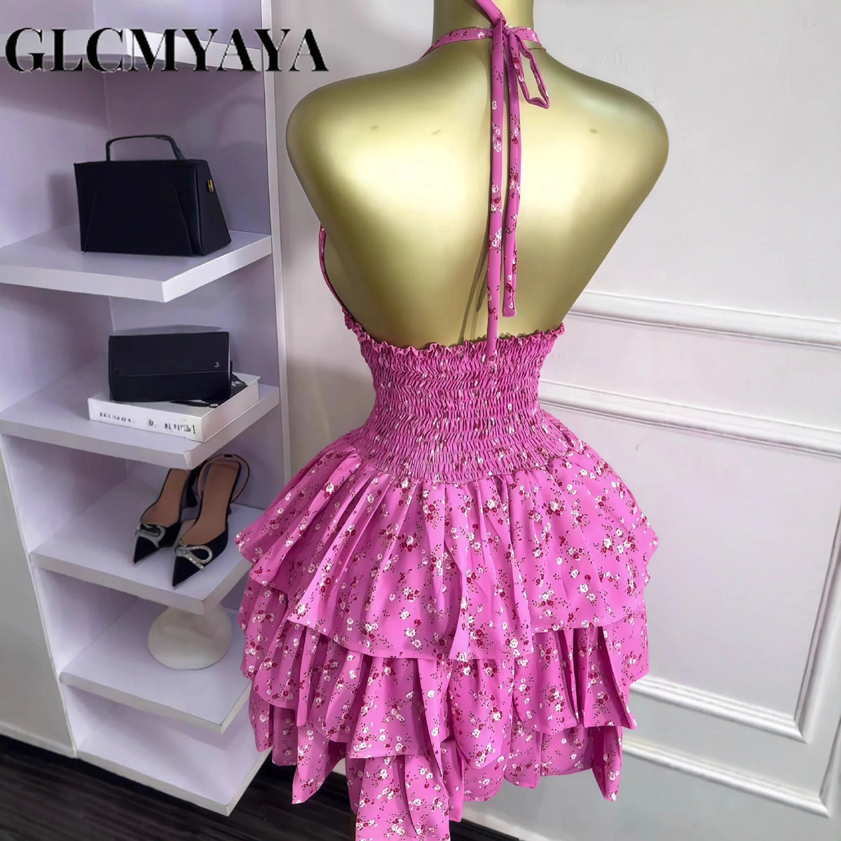 Floral Printed Halter Ruffles Midi A-line Tiered Mini Dress Fall Vacation Elegant Evening Birthday Party Dresses