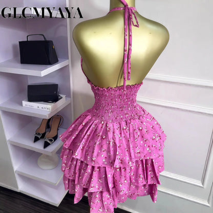 Floral Printed Halter Ruffles Midi A-line Tiered Mini Dress Fall Vacation Elegant Evening Birthday Party Dresses