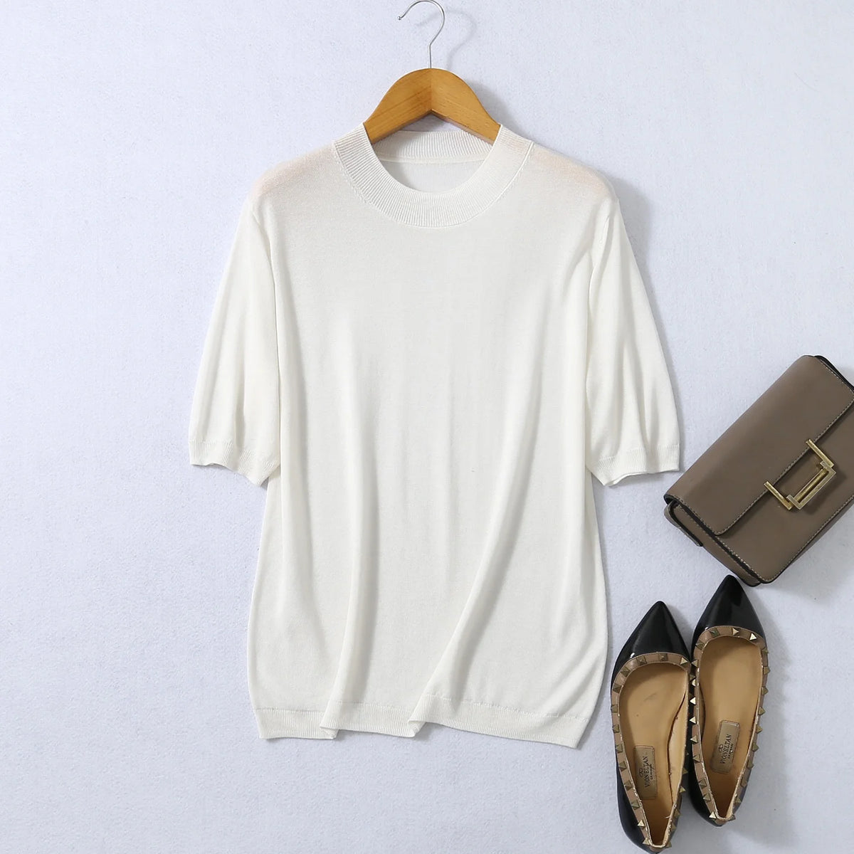 Birdtree, Woman Basic Sweaters, 70% Spun Silk and Cotton Blend O Neck Pullovers, Fall Winter Solid Bottoming Shirts T61715JF
