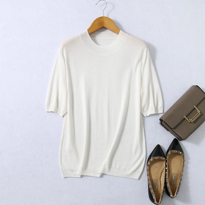 Birdtree, Woman Basic Sweaters, 70% Spun Silk and Cotton Blend O Neck Pullovers, Fall Winter Solid Bottoming Shirts T61715JF
