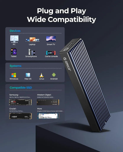 ORICO M.2 NVMe SSD Enclosure, USB 3.1 Gen 2 (10 Gbps) PCIe External Adapter NVMe Case for 2230/2242/2260/2280 M.2 SSD up to 8TB