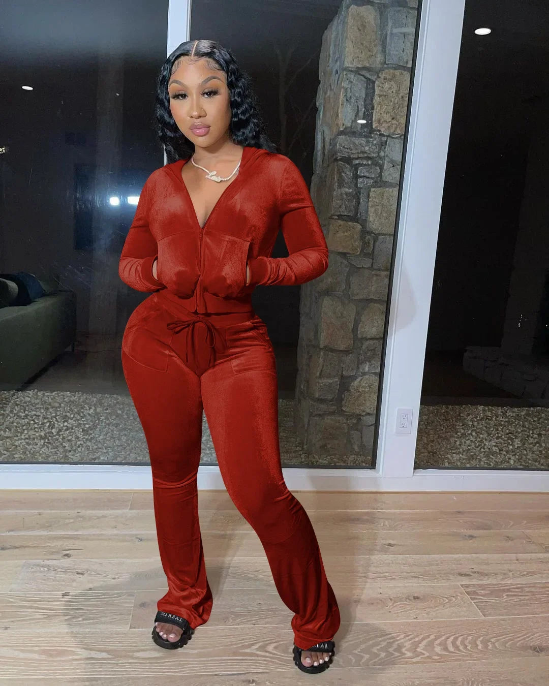 Hot Sale Fall Women's hoodie Set Zipper Pocket Crop Top Jacket Velvet Jogging suit Velour tracksuits Women Two Piece set