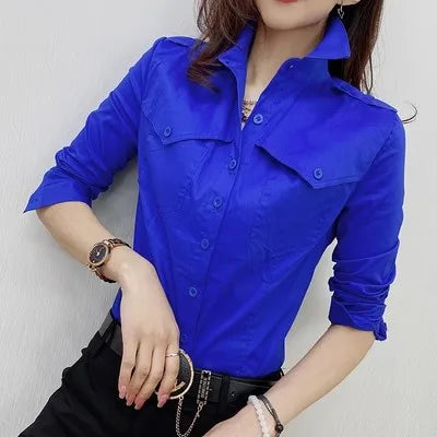 New Fall Winter European Clothes Shirts Office Lady Pockets Blouses Fashion Sexy Button Up Women's Long Sleeve Tops 311127