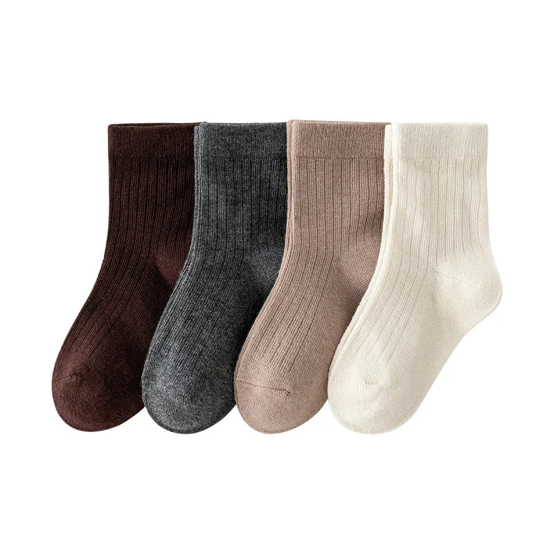 Four Pairs of Children's Socks for Spring and Autumn, Striped Versatile Style, Mid-Calf Socks with a School Style.
