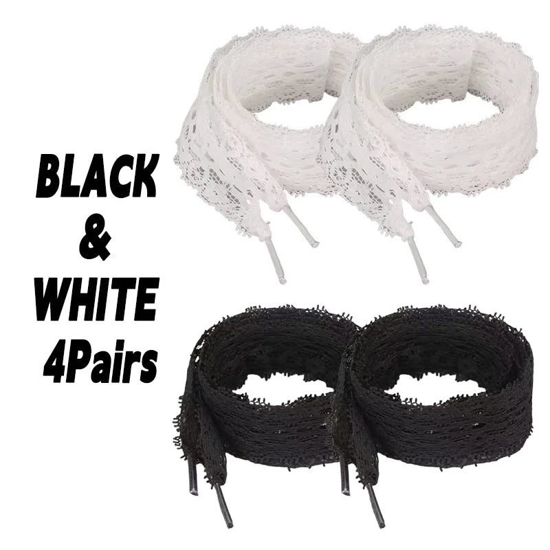 1/4Pairs Fancy Lace 3CM Wide Flat Shoelaces Sneakers Women Casual Shoes Black White Fashion Shoe Strings Replacement Accessories