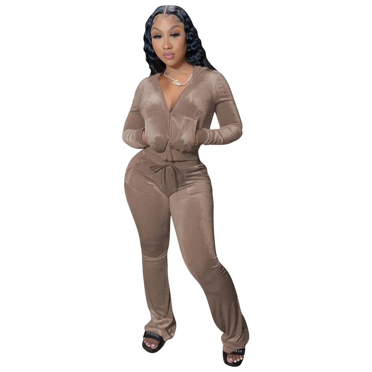 Hot Sale Fall Women's hoodie Set Zipper Pocket Crop Top Jacket Velvet Jogging suit Velour tracksuits Women Two Piece set