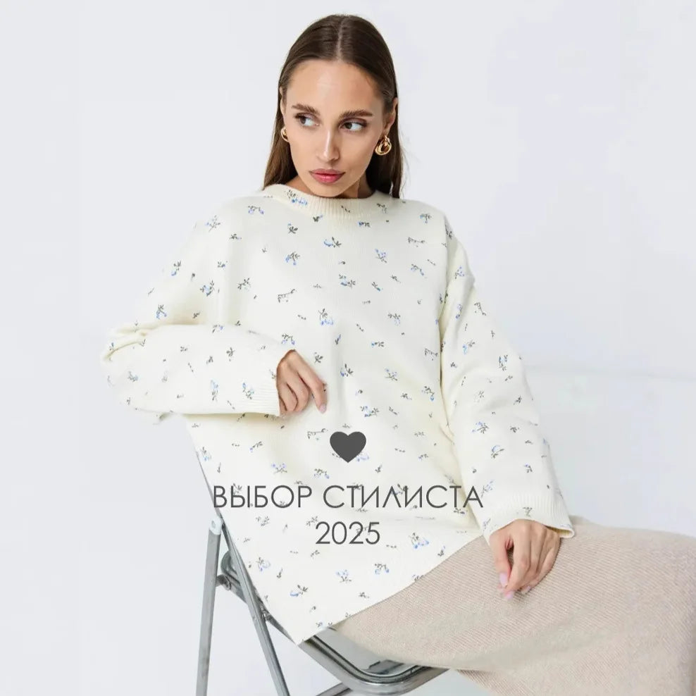 Women's Cream White Floral Print Longline Knit Sweater Crew Neck Relaxed Fit Cardigan with Flowers Fall Winter Boho Chic