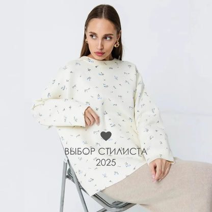 Women's Cream White Floral Print Longline Knit Sweater Crew Neck Relaxed Fit Cardigan with Flowers Fall Winter Boho Chic