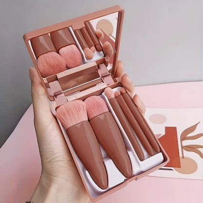 5 PCs Cosmetic Portable Makeup Brush Travel With Mirror Box Makeup Set Blush Blending Brush Eyeshadow Brushes Travel Makeup Set