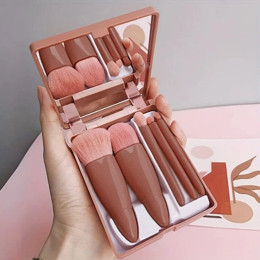 5 PCs Cosmetic Portable Makeup Brush Travel With Mirror Box Makeup Set Blush Blending Brush Eyeshadow Brushes Travel Makeup Set