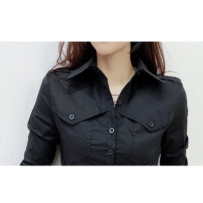 New Fall Winter European Clothes Shirts Office Lady Pockets Blouses Fashion Sexy Button Up Women's Long Sleeve Tops 311127