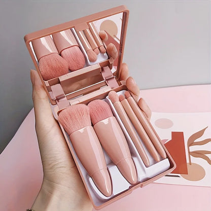 5 PCs Cosmetic Portable Makeup Brush Travel With Mirror Box Makeup Set Blush Blending Brush Eyeshadow Brushes Travel Makeup Set