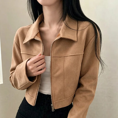 Retro Lapel Lady Short Coat Zipper Long Sleeves Patchwork Slim Fitting Jacket 2026 Spring Fall Commute Office Daily Outerwear