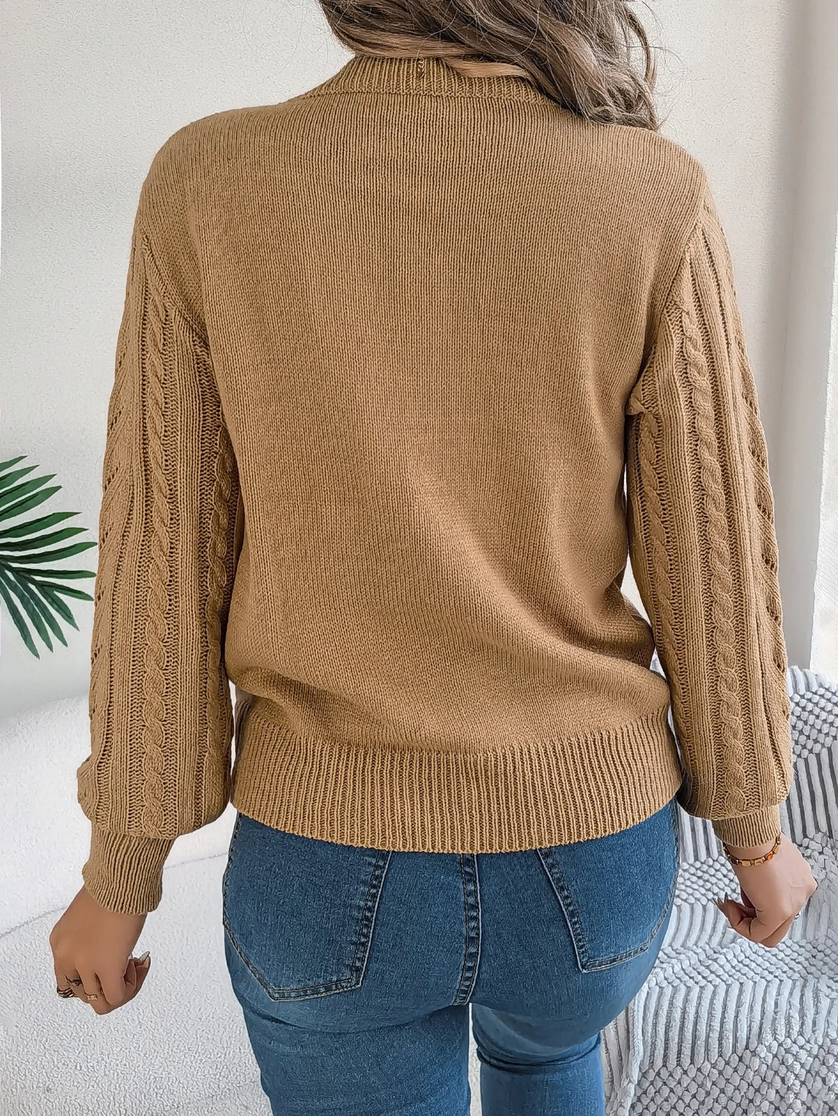 Women Solid Openwork Knit Pullover Round Neck Long Sleeve Cozy Fall Winter Resort Ready Sweater Top