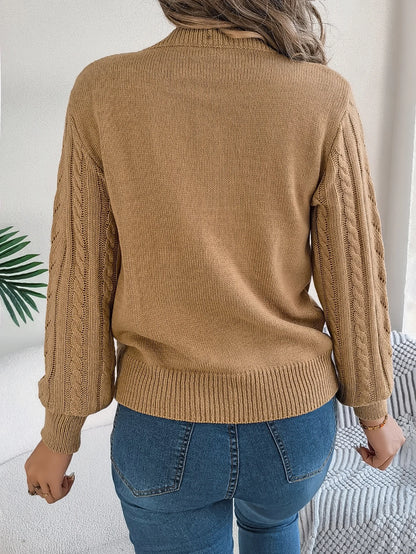 Women Solid Openwork Knit Pullover Round Neck Long Sleeve Cozy Fall Winter Resort Ready Sweater Top