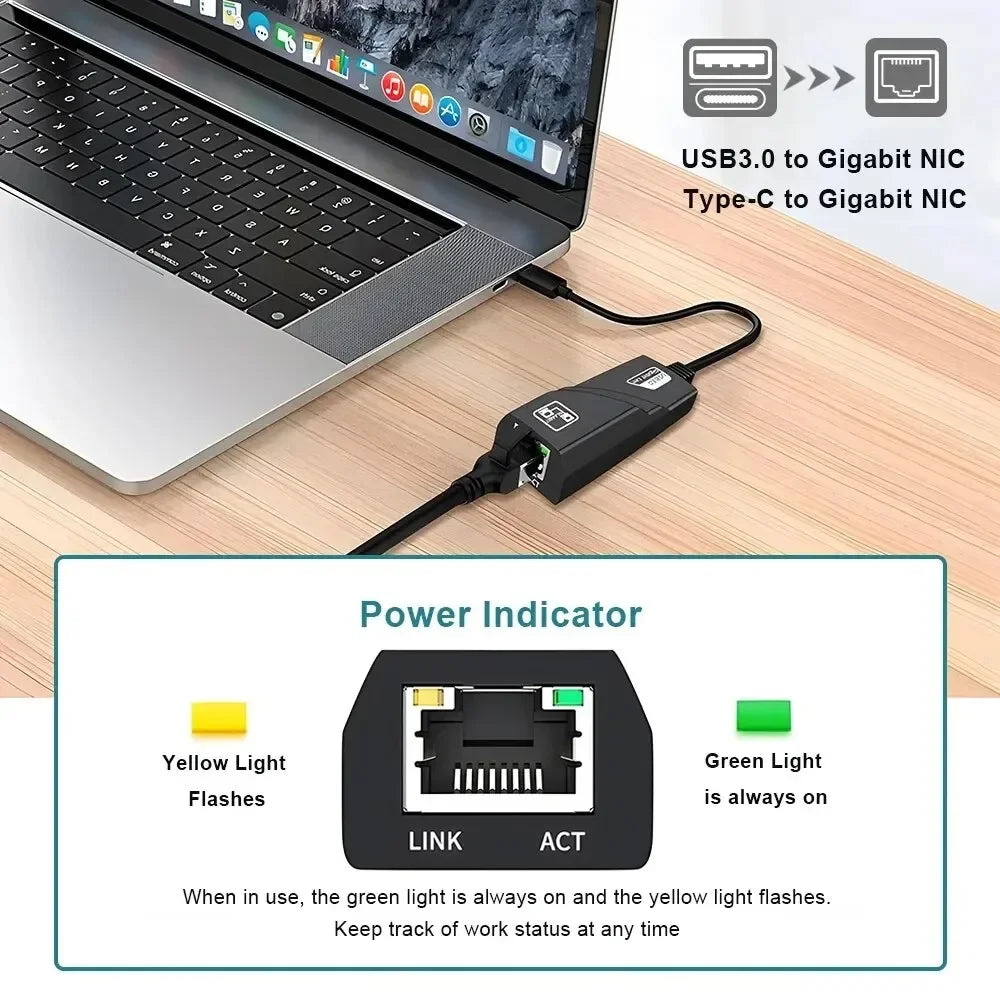 10/100/1000Mbps USB 3.0 Wired USB TypeC To Rj45 Lan Ethernet Adapter RTL8153 Network Card for PC Macbook Windows Laptop