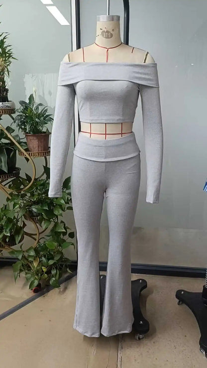 Casual Workout Two Piece Sets Woman Outfits Crop Long Sleeves Tops Foldover Flare Pants Tracksuit Suit Summer and Fall