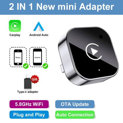 2-in-1 Wireless CarPlay Adapter for iPhone and Android Auto USB Adapter 5.8GHz WiFi automatic connection wired to wireless