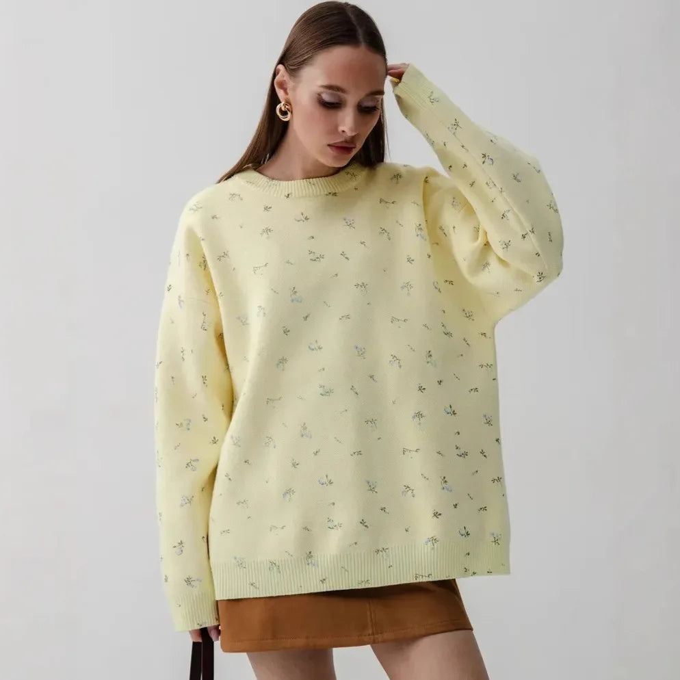 Women's Cream White Floral Print Longline Knit Sweater Crew Neck Relaxed Fit Cardigan with Flowers Fall Winter Boho Chic