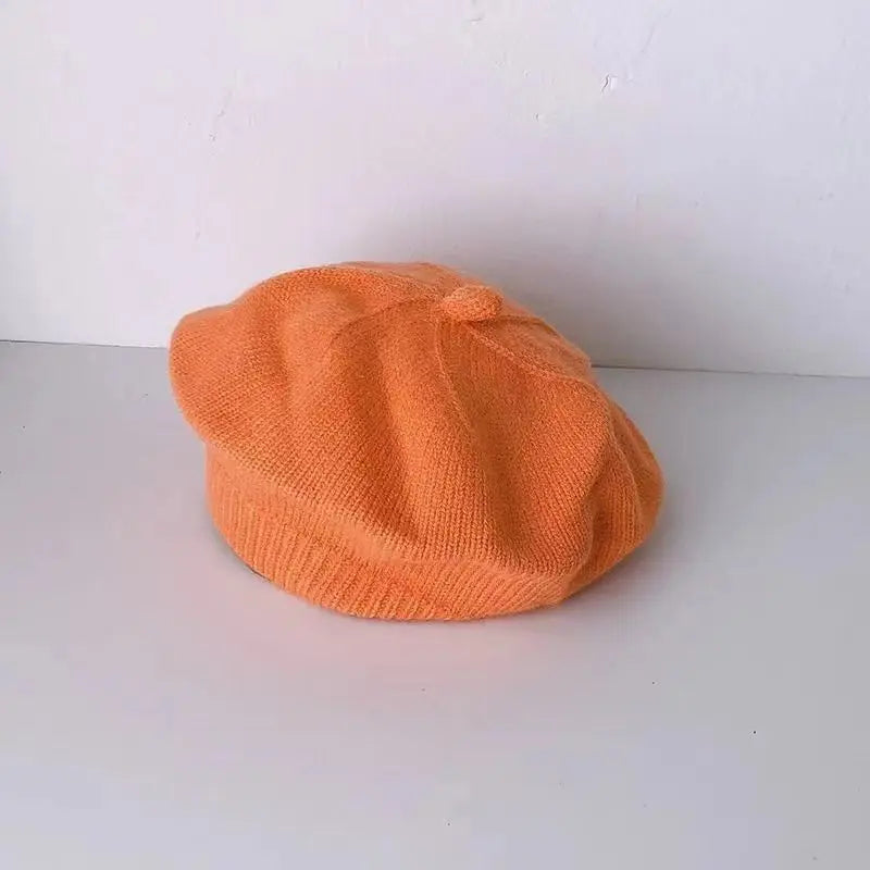 Flower Baby Beret Hat Winter Warm Knitted Beanie Cap for Infant Girls Korean Toddler Princess Artist Solid Color Painter Caps