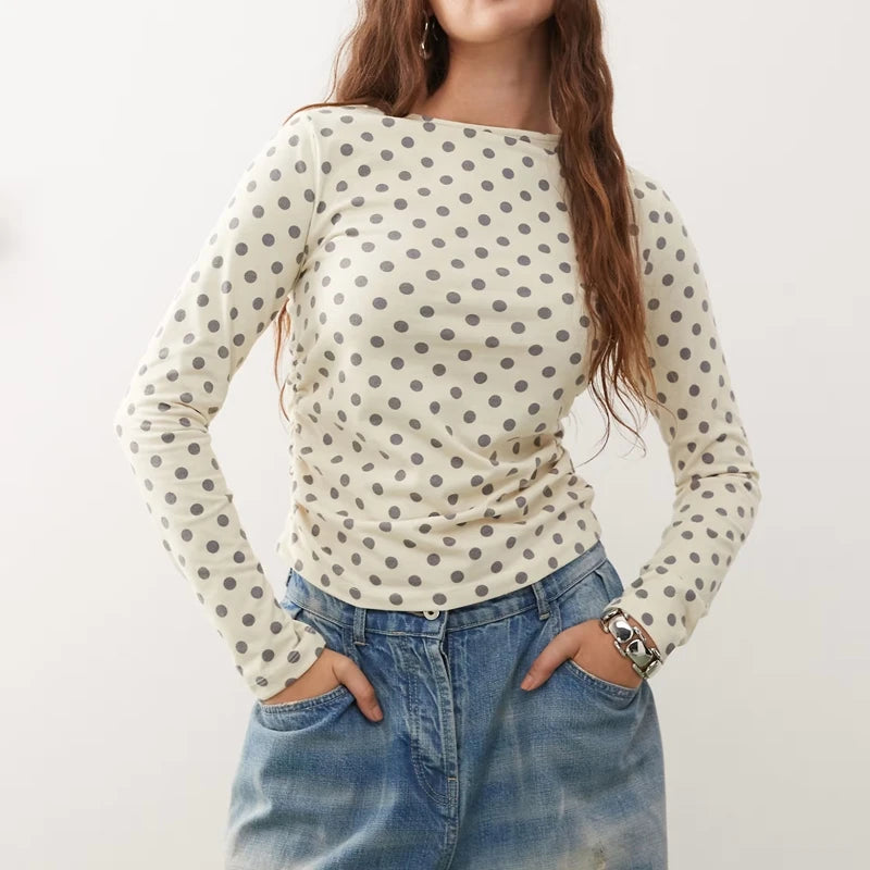 Combhasaki Women Y2k Vintage Polka Dot T-Shirts Slim Long Sleeve Round Neck Side Ruched Pullovers Shirt Tops Fall Winter Clothes