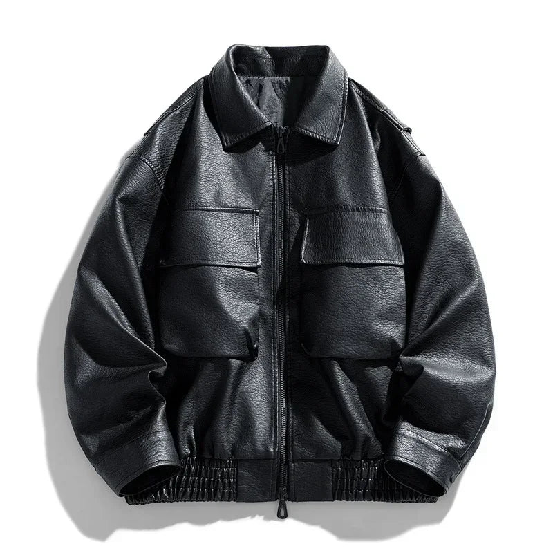 Men Trend Motorcycle Leather Jacket Bomber Pilot Retro Loose Pu Short Leather Jacket Autumn Winter New Lapel Big Pocket Coat