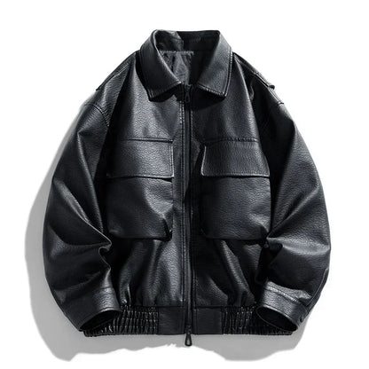 Men Trend Motorcycle Leather Jacket Bomber Pilot Retro Loose Pu Short Leather Jacket Autumn Winter New Lapel Big Pocket Coat