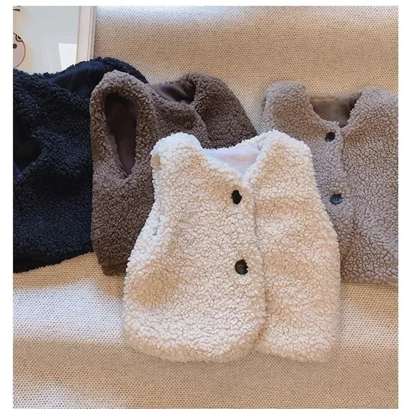 Autumn Winter Baby Plus Velvet Waistcoat Girls Boys Plush Vest Single Breasted V Neck Child Warm Fashion Warm Teddy Hair Coat