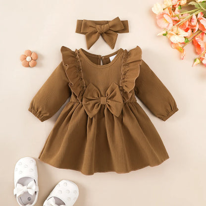 Baby Girl Autumn Dress Ruffled Edges and Bow, Long-Sleeved Dress+Headband for 0-18 Months Cute Baby Girl Holiday Party Costume